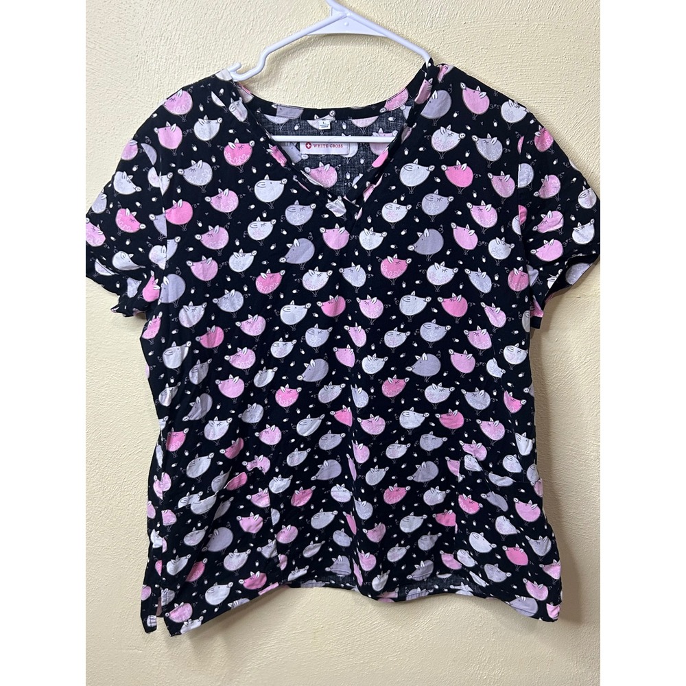 White Cross Womens Large Scrub Top Black Pink Grey Bird Pig Print V-Neck Medical